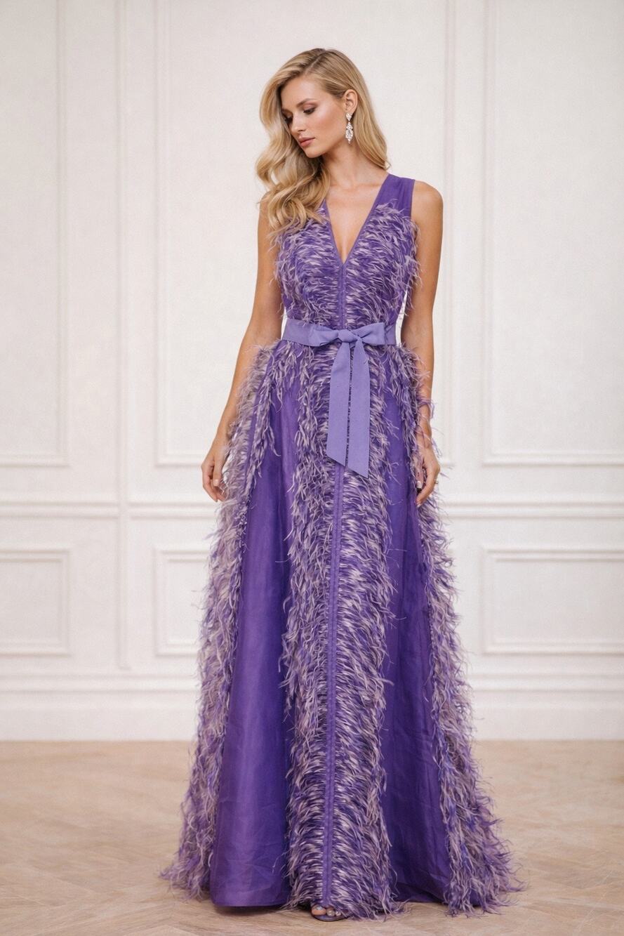 HUISHAN ZHANG Women's Purple 100% Silk Beau Feather Trim Maxi Gown Size US 6